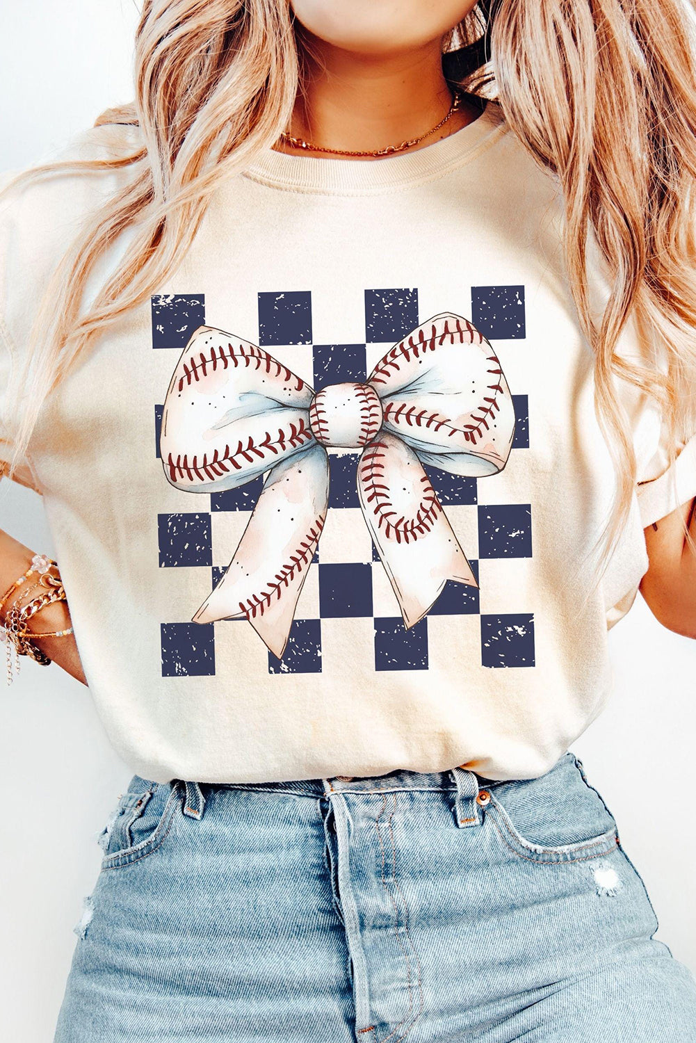 White Checkered Baseball Bowknot Graphic Crew T Shirt