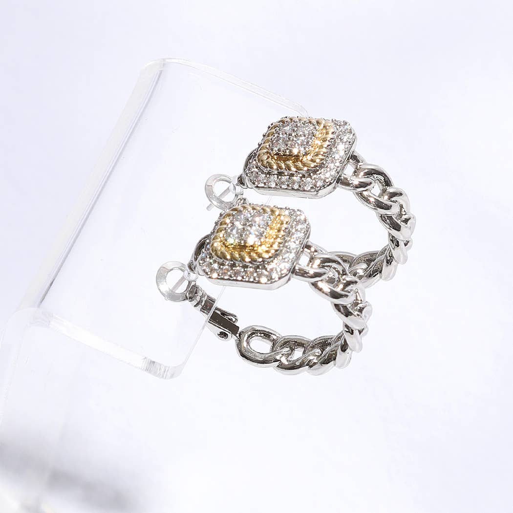 Square Pave 2T Hoop Earrings