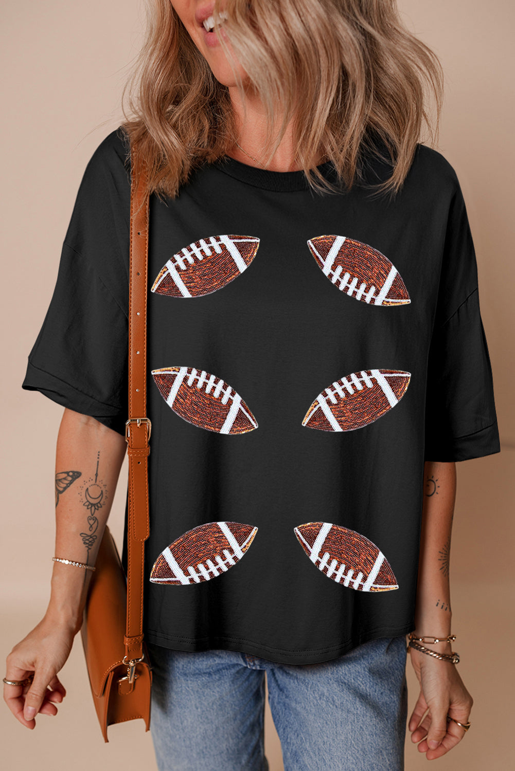 Black Sequin Football Patched Crewneck Loose T Shirt