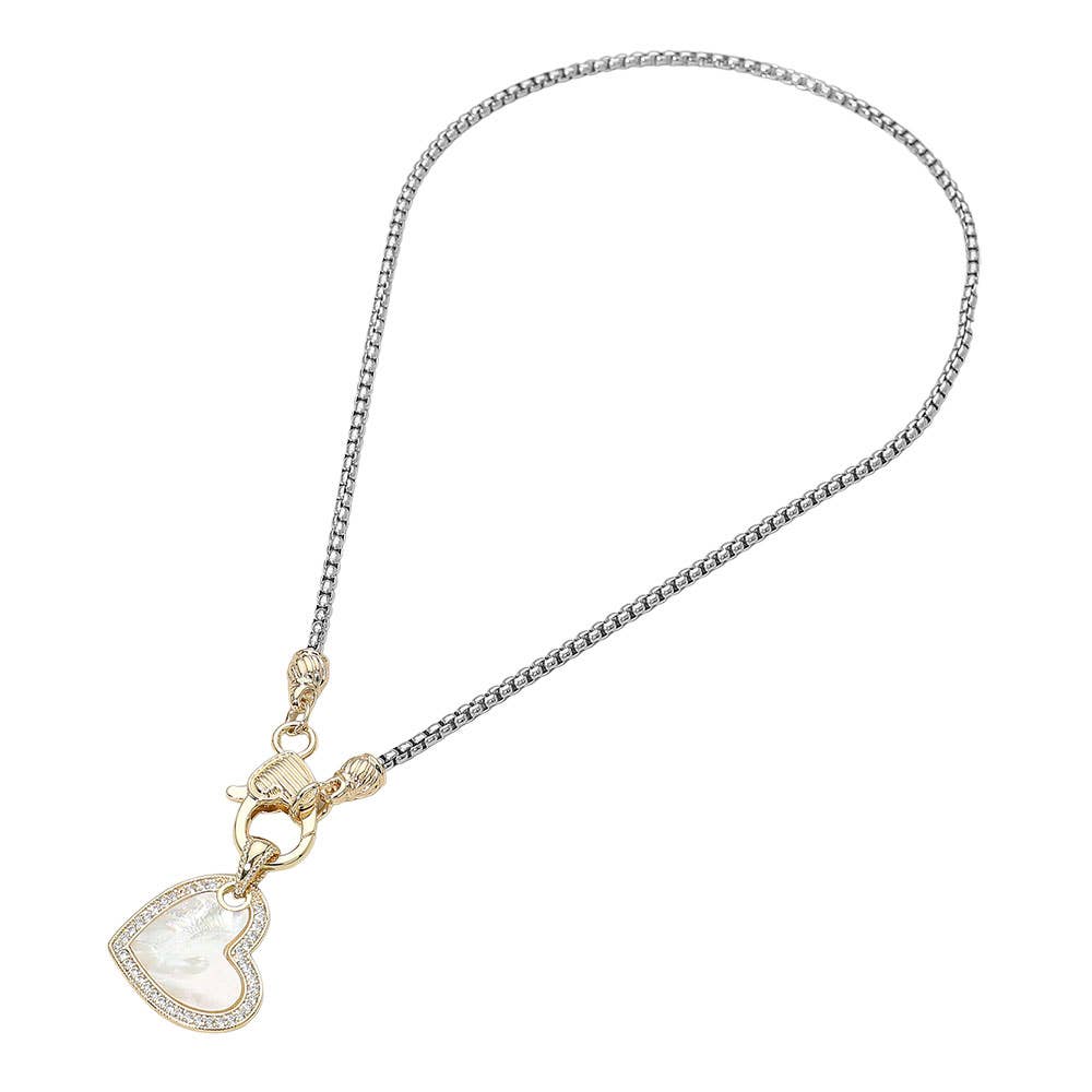 14K Gold Plated Two Tone Stone Paved Mother of Pearl Heart Pendant Necklace