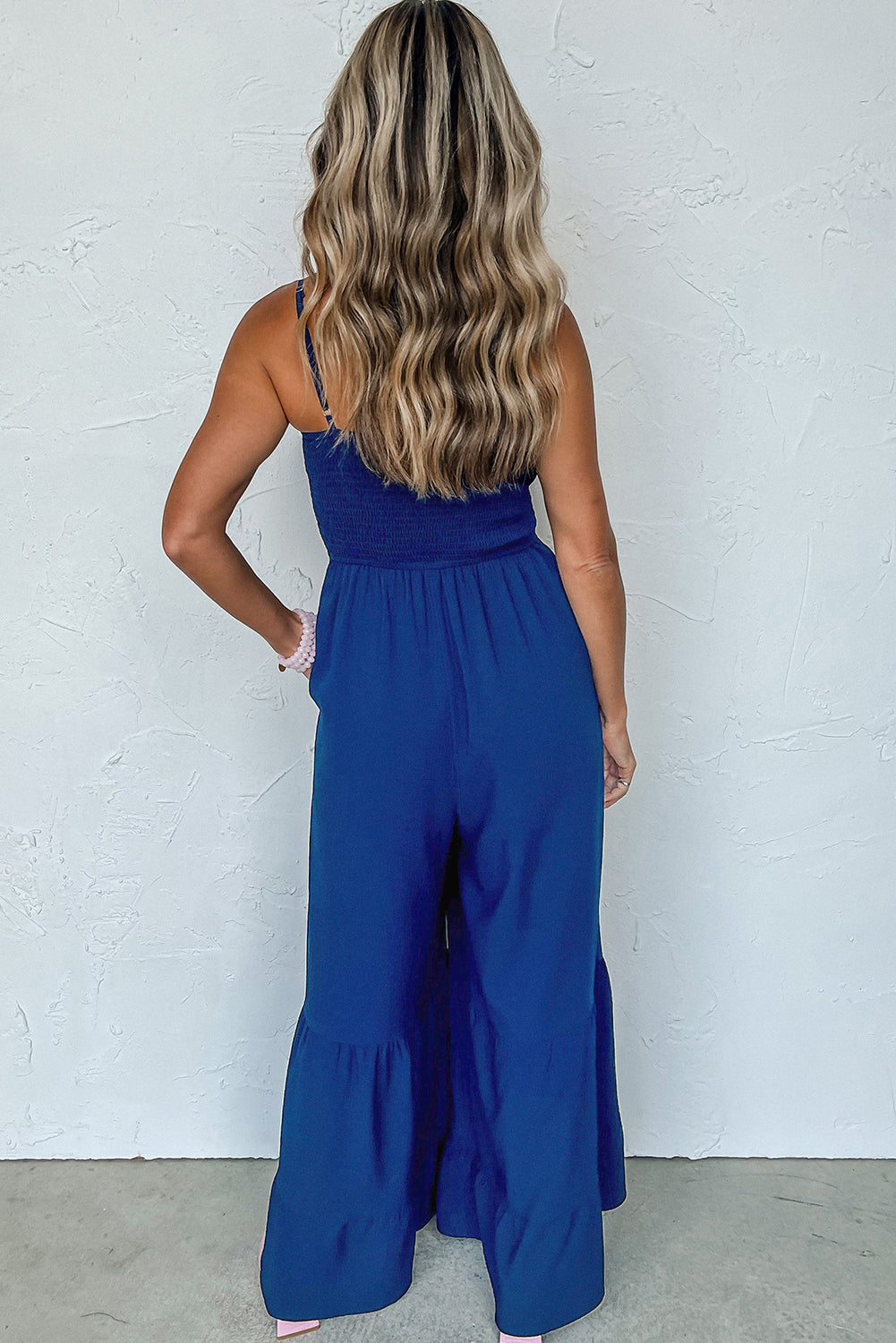 Royal Blue Spaghetti Straps Smocked Ruffled Wide Leg Jumpsuit