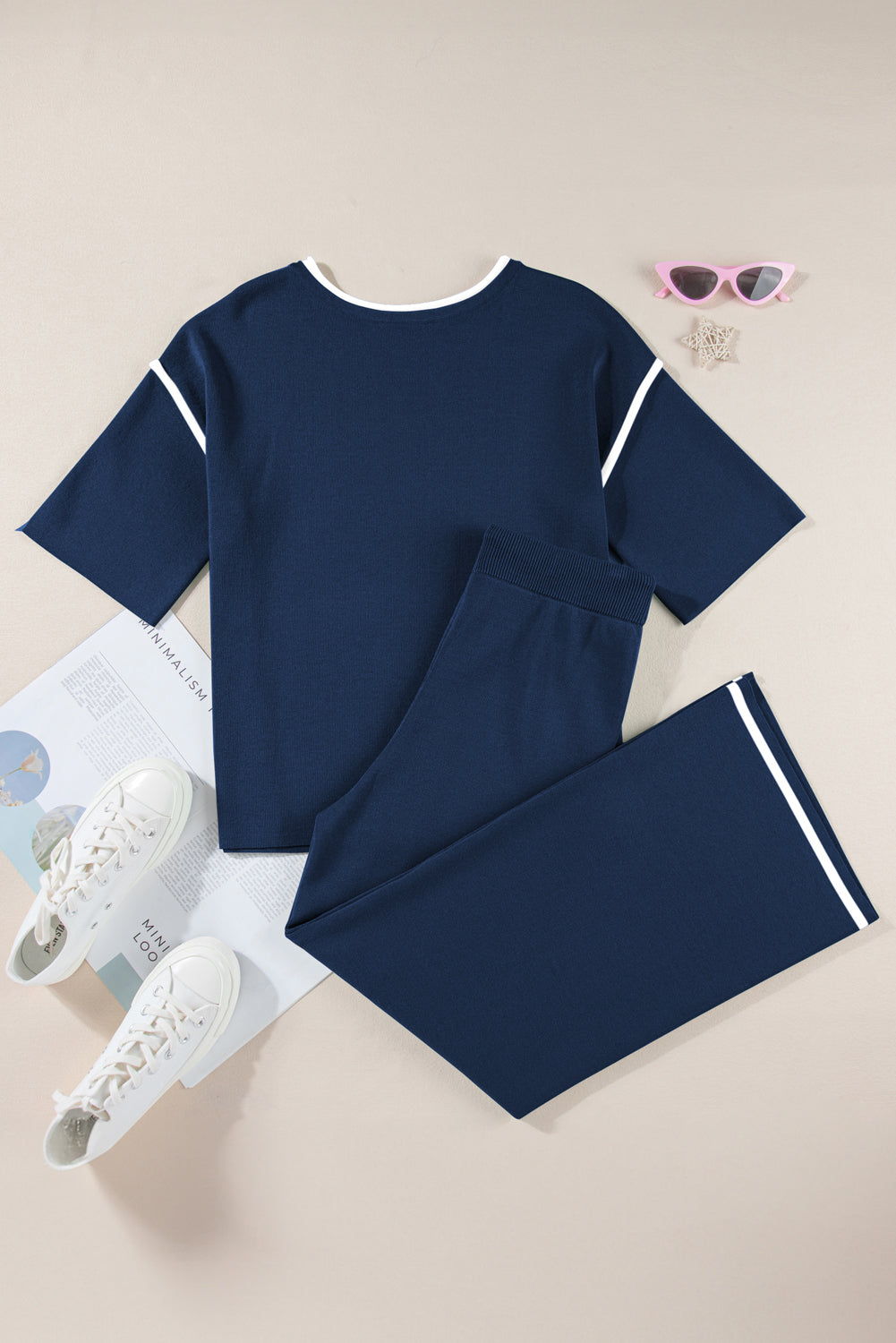 Navy Blue Contrast Trim Half Sleeve Top Drawstring Pants Loose 2pcs Sweater Suit