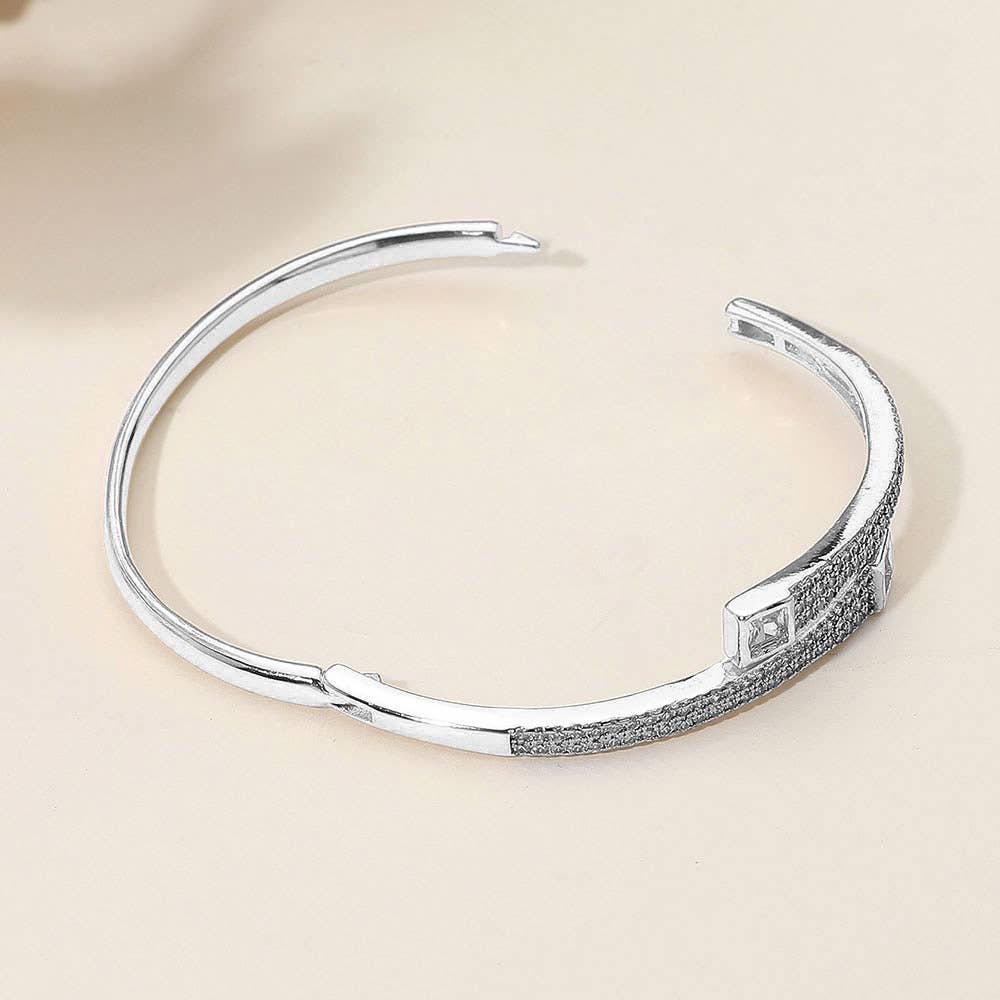 Stainless Steel Square Stone Tip Rhinestone Pave Hinged Bangle Bracelet