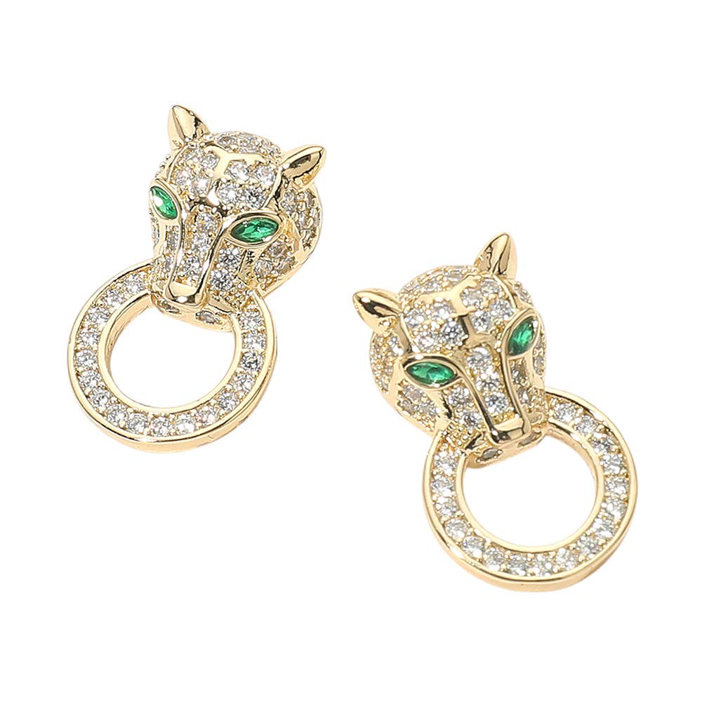 14K Gold Plated Stone Paved Panther Stud Earrings