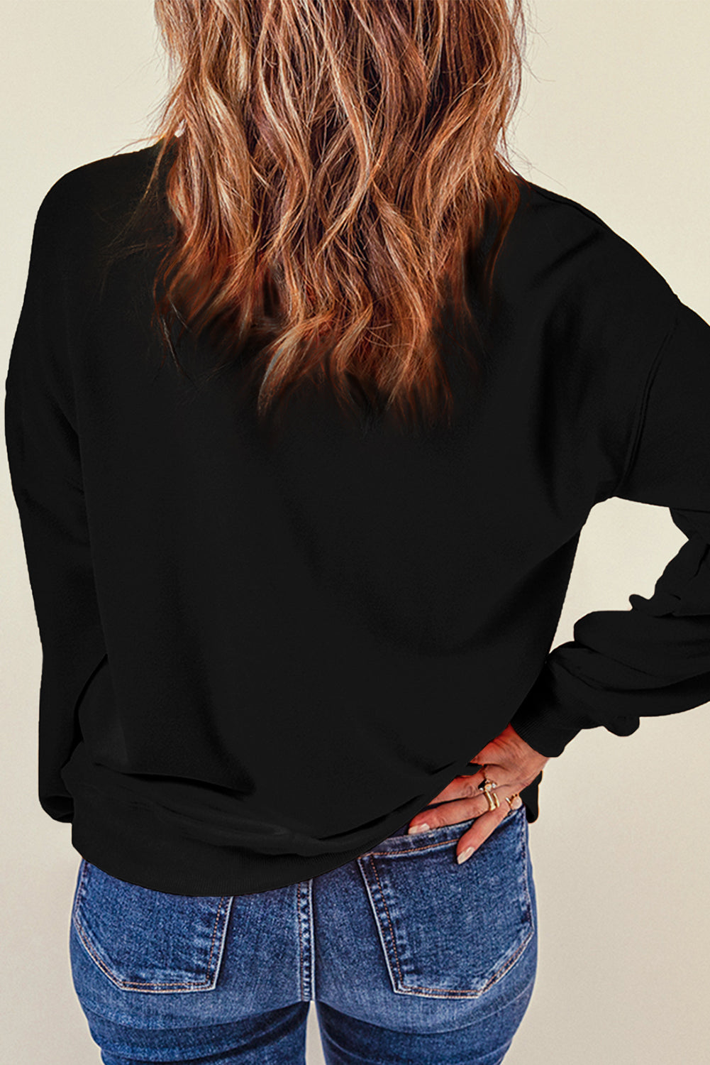 Black Rhinestone Football Pattern Crew Neck Pullover Sweatshirt