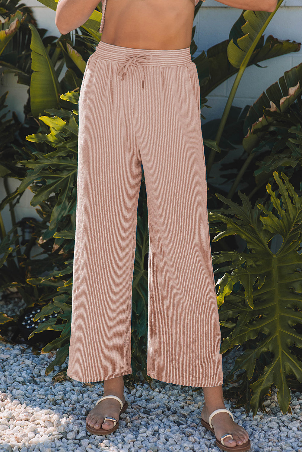 Beige Solid Corded Knit Short Sleeve T Shirt and Wide Leg Pants Set