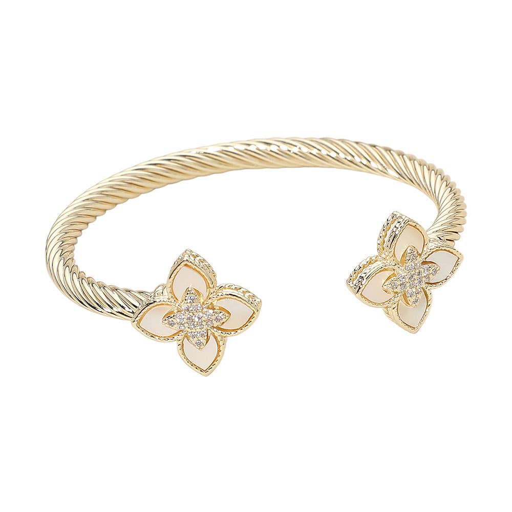 14K Gold Plated Stone Paved Center Mother of Pearl Floral Clover Tip Cuff Bracelet