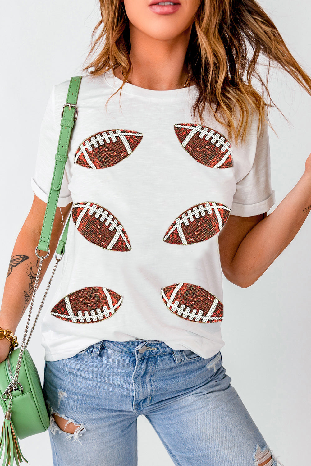White Sequined Football Graphic Cotton T Shirt