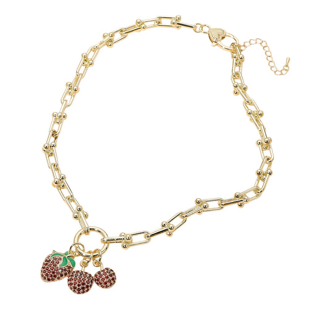 14K Gold Plated Stone Paved Strawberry Cherry Charm Pendant Hardware Chunky Chain Necklace
