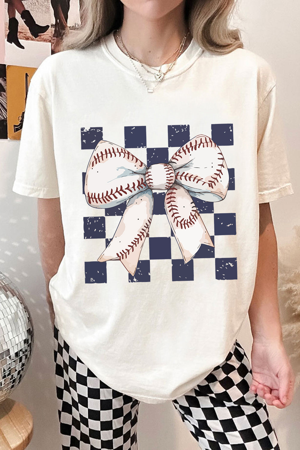 White Checkered Baseball Bowknot Graphic Crew T Shirt