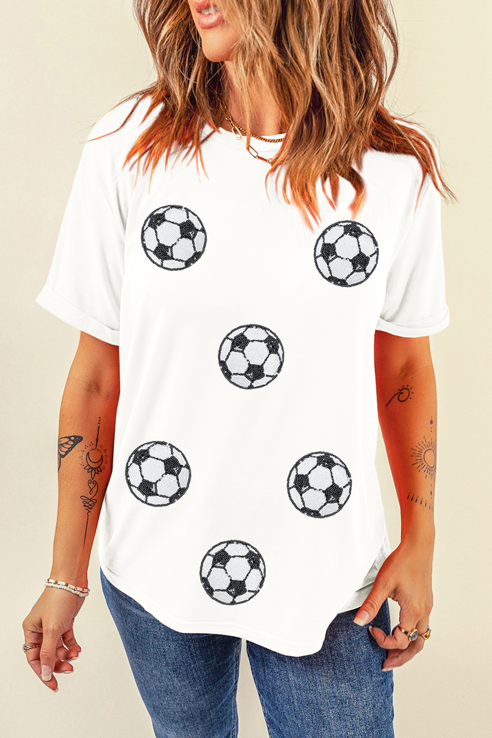 White Sequin Soccer Patched Graphic Game Day T Shirt
