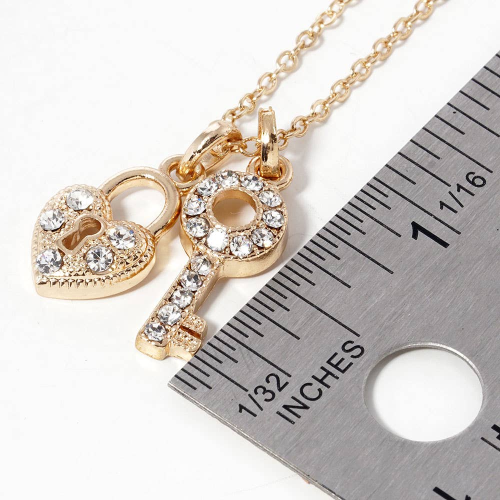 Rhinestone Paved Key Heart Lock Pendant Necklace
