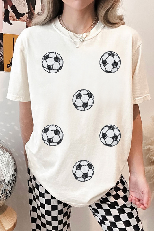 White Sequin Soccer Patched Graphic Game Day T Shirt