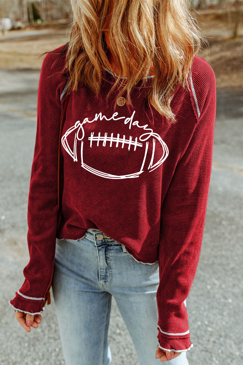 Red Game Day Football Graphic Thermal Knit Top
