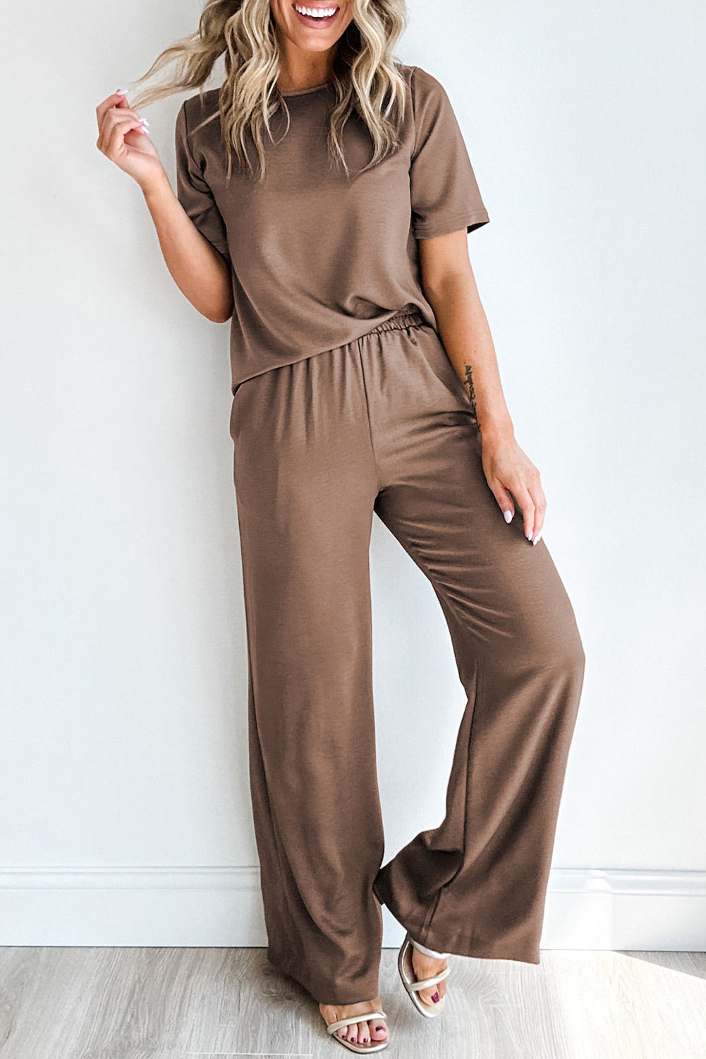 Coffee Brown Solid Color T Shirt 2pcs Wide Leg Pants Set