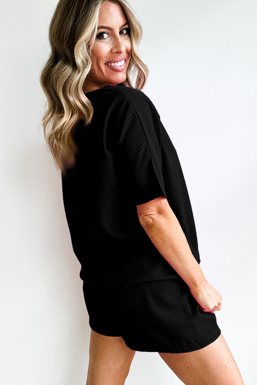 Black Casual Waffle Textured Tee and Drawstring Shorts Set