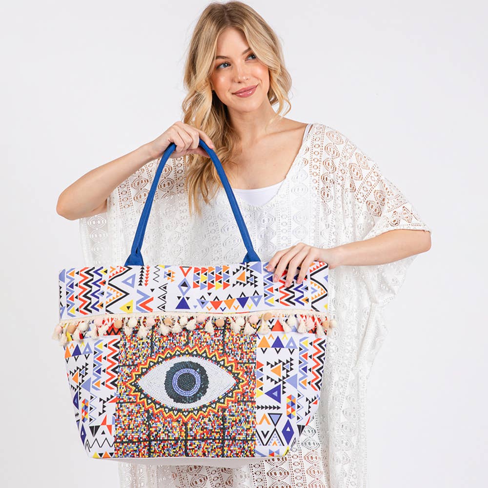 Evil Eye Boho Print Pom Pom fringe Tote Bag