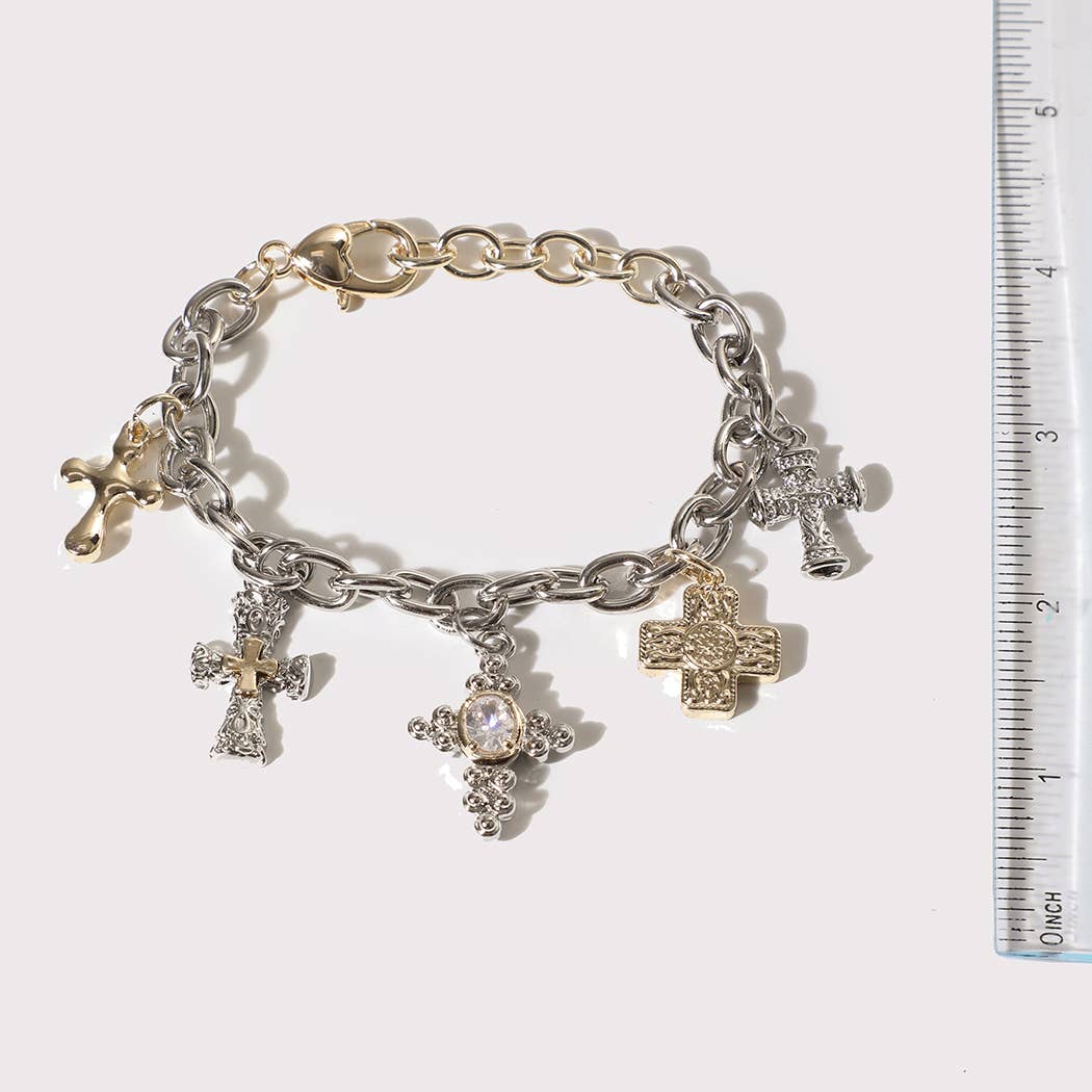 Two Tone 5 Cross Charm Link Bracelet