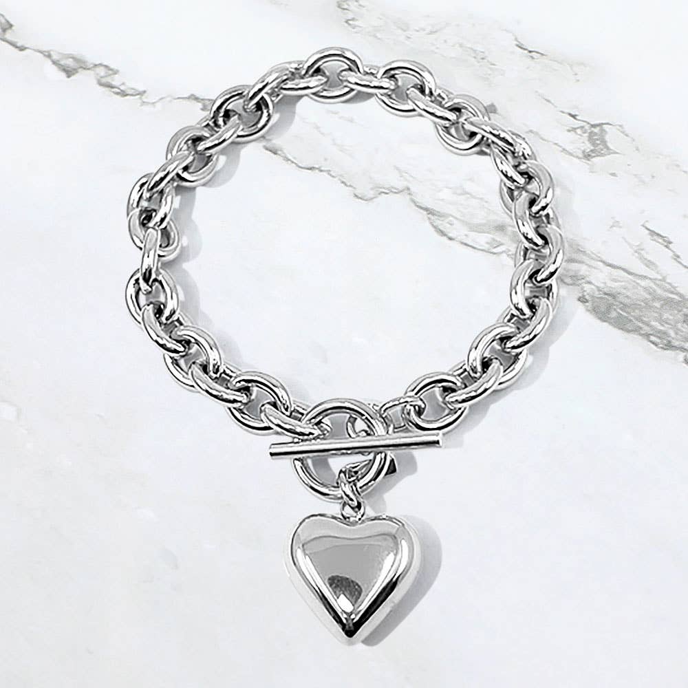 Stainless Steel Puffy Heart Charm Toggle Bracelet