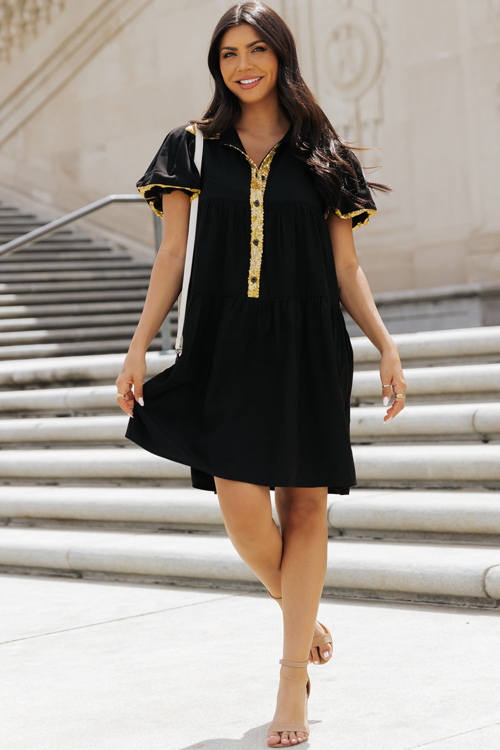 Black Sequin Trim Bubble Sleeve Shirt Dress