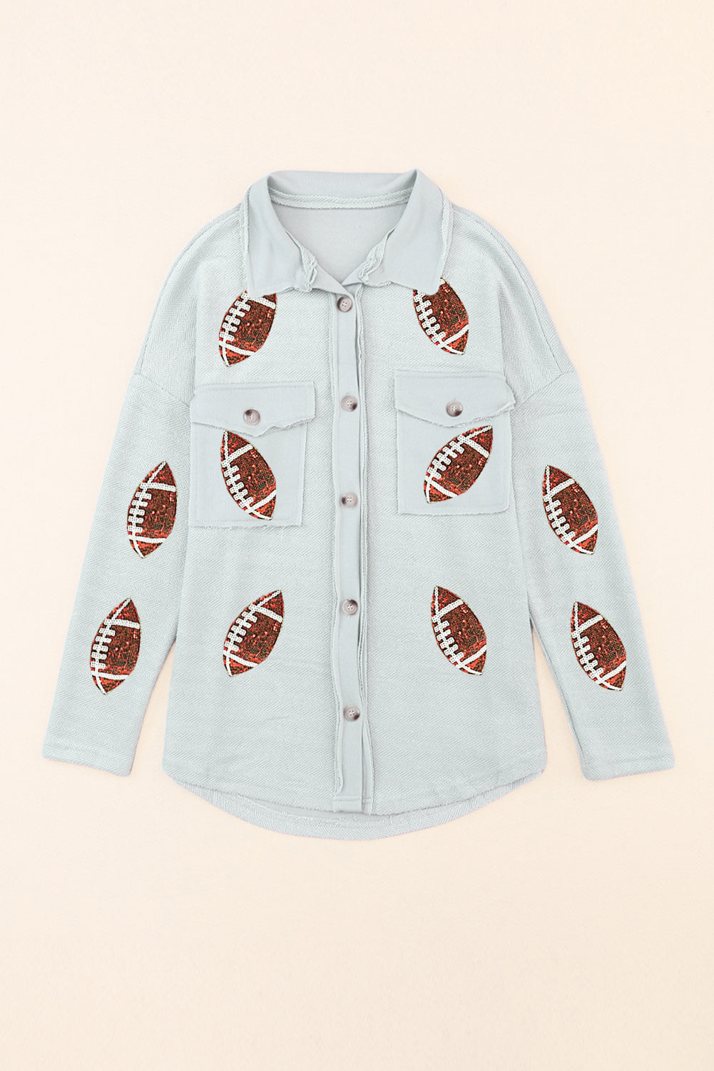 Gray Sequined Football Flap Pockets Buttoned Shacket