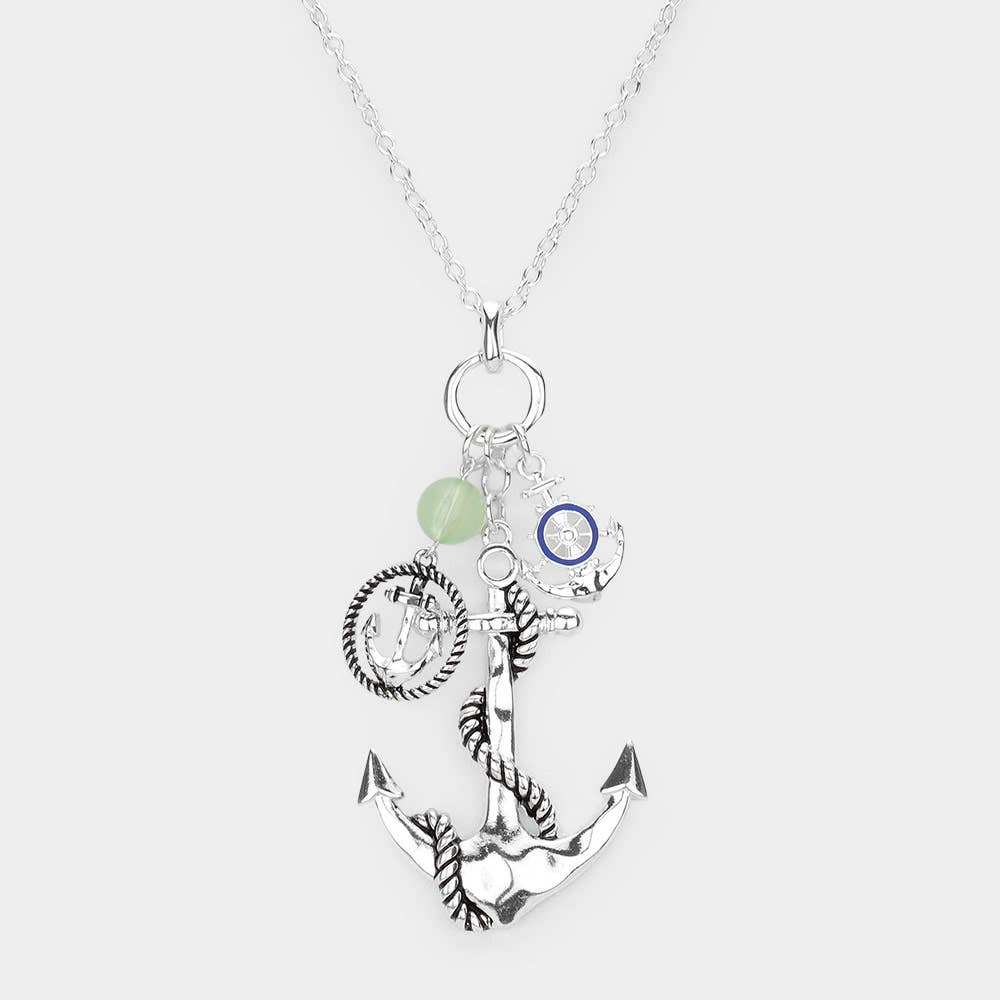 Enamel Ship Heel Detailed Metal Anchor Pendant Necklace