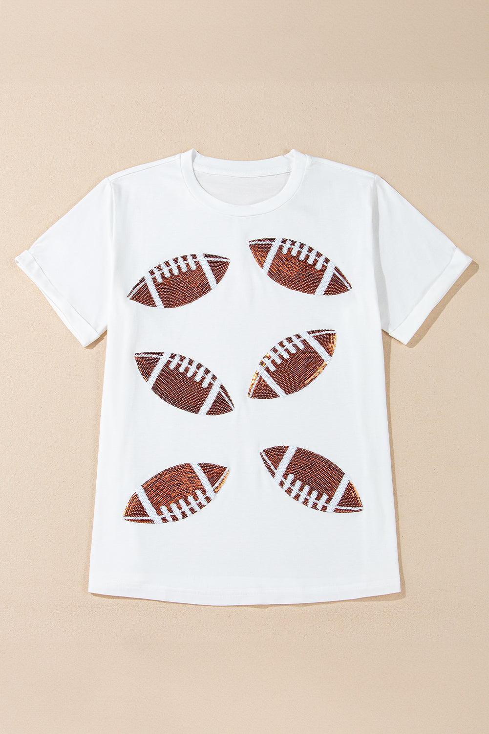 White Sequined Football Graphic Cotton T Shirt