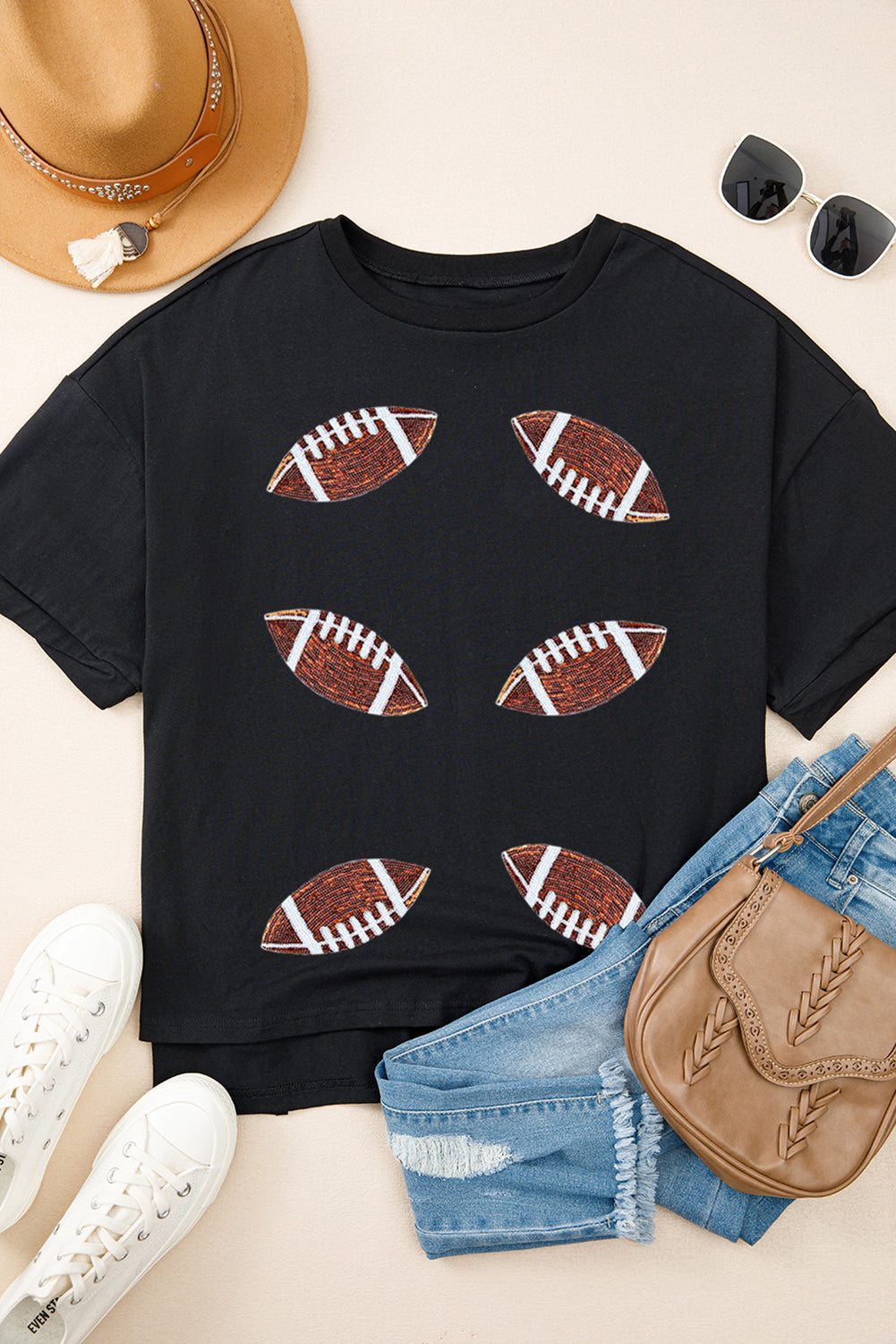 Black Sequin Football Patched Crewneck Loose T Shirt