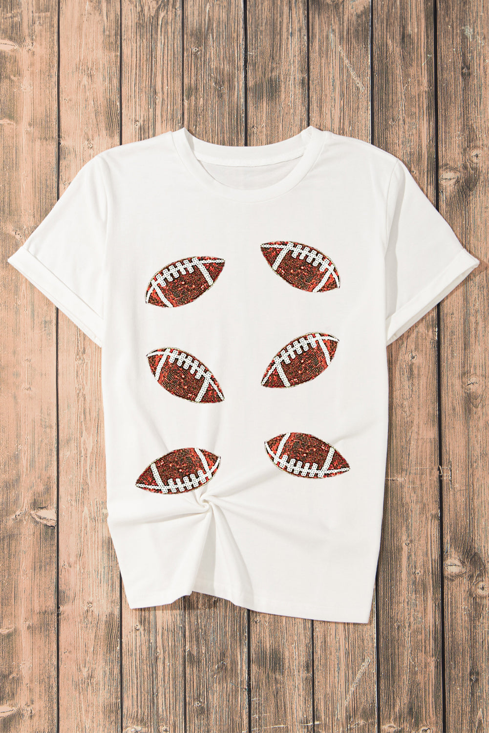 White Sequined Football Graphic Cotton T Shirt