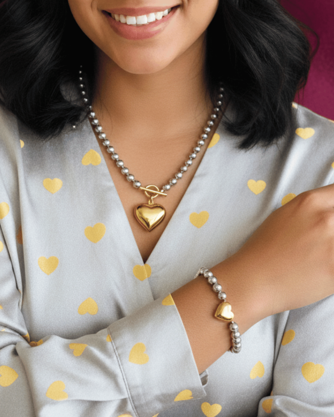 Silver Beaded Gold Charm Necklace & Bracelet Set