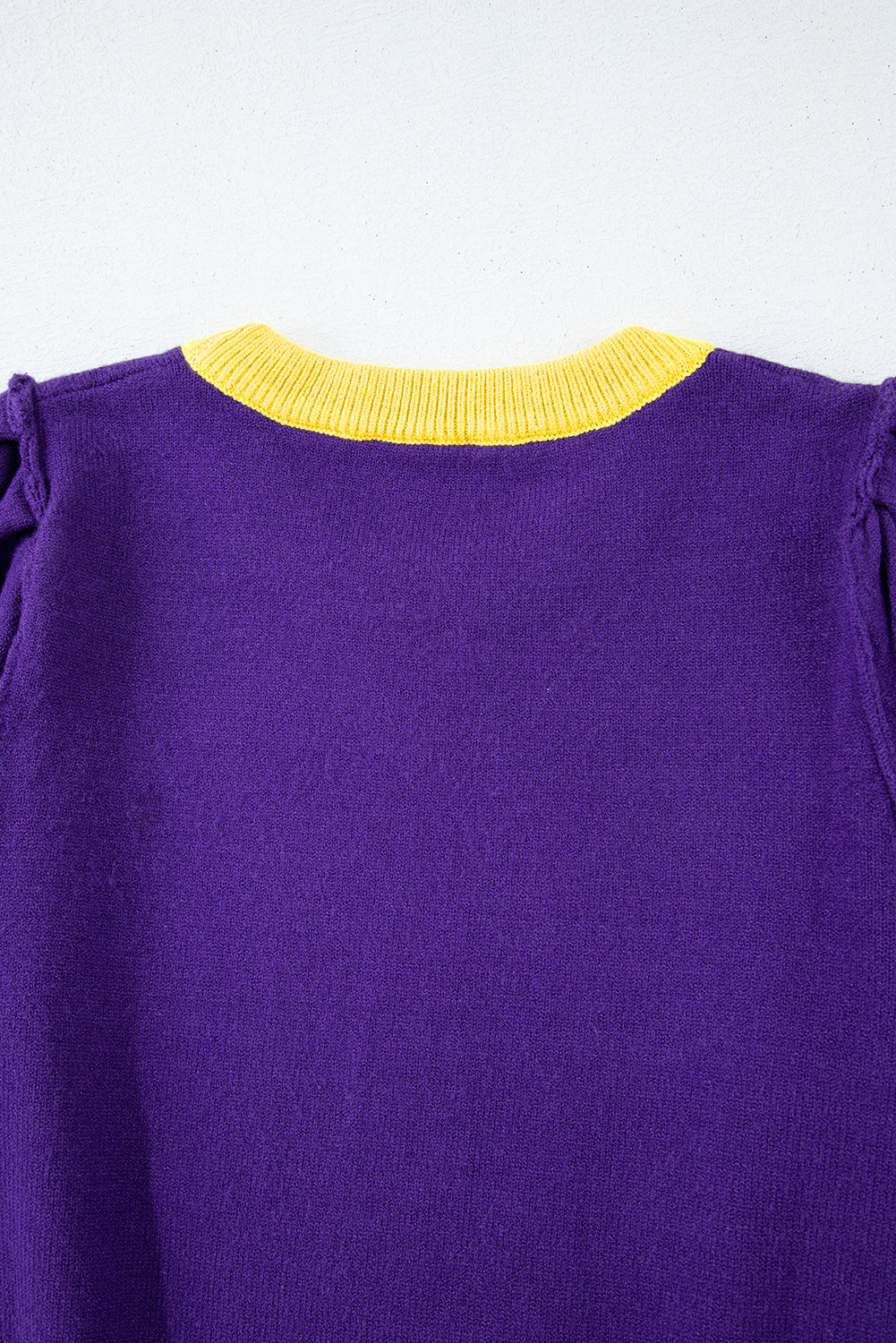 Purple Sequin Football Color Block Puff Short Sleeve Sweater
