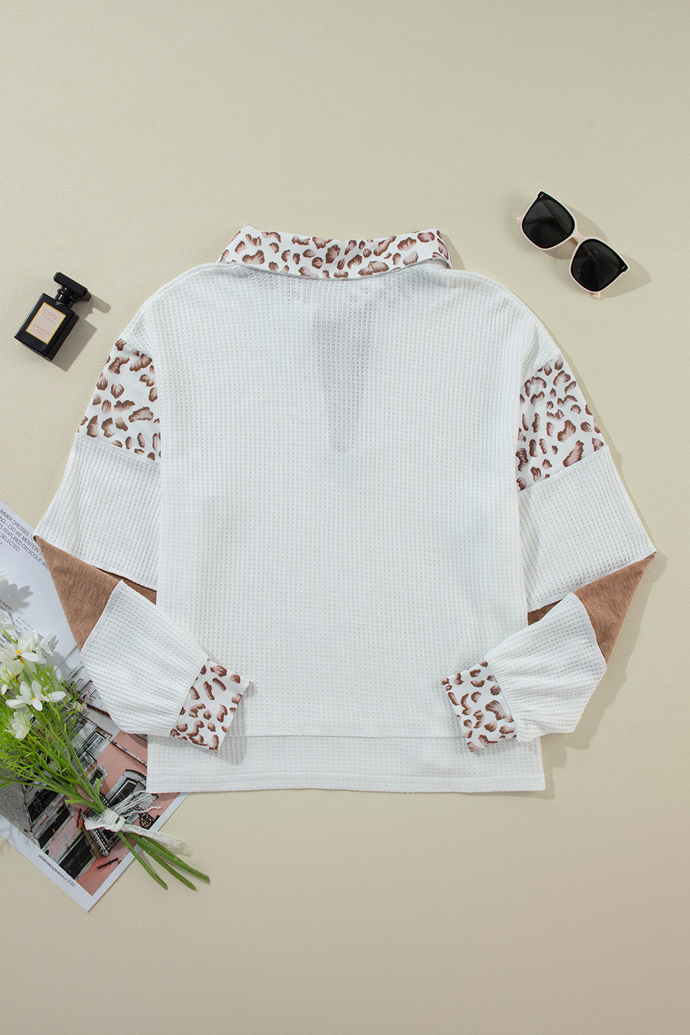 White Game Day Bow Embroidered Graphic Leopard Collar Color Block Patchwork Top