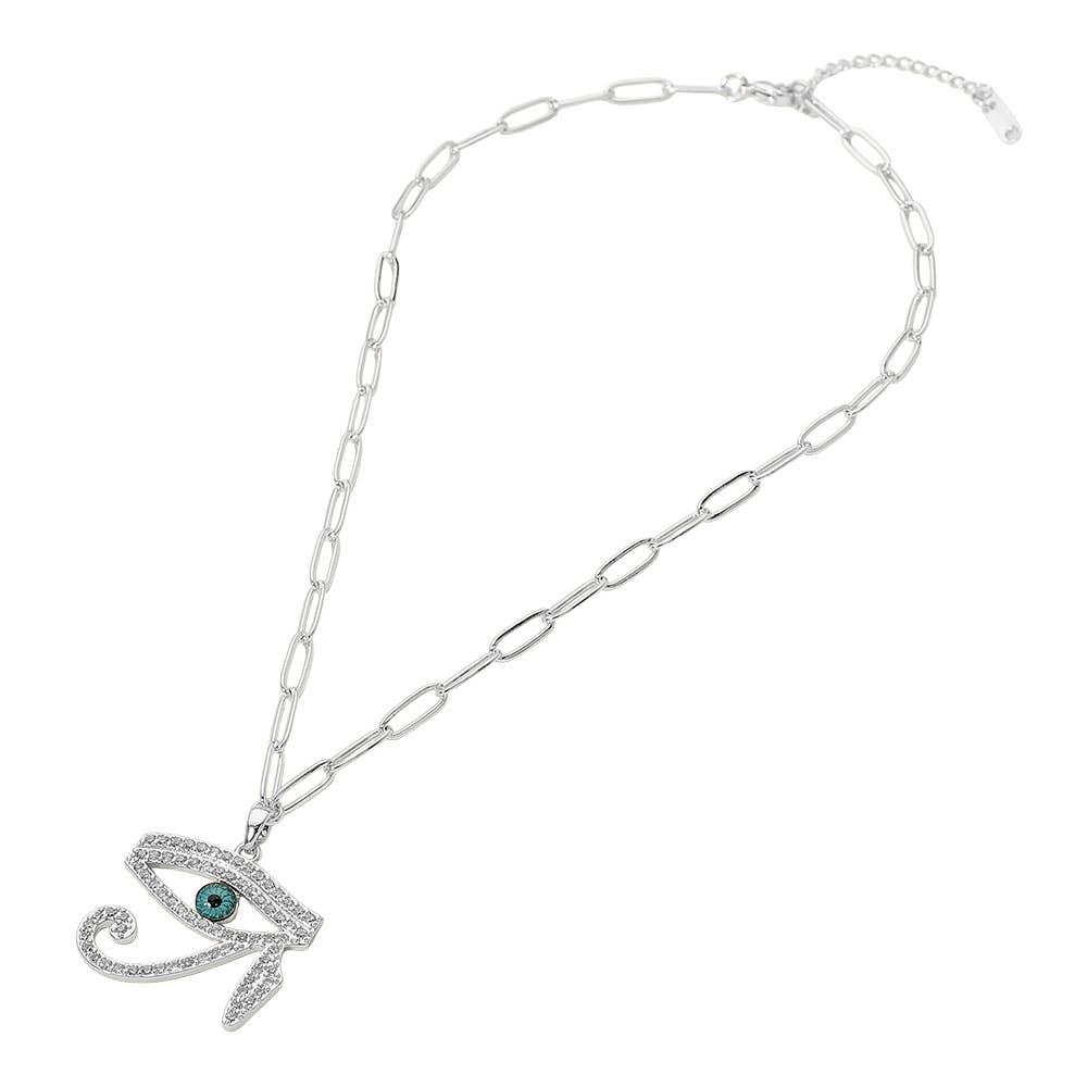 Stainless Steel CZ Stone Paved Eye of Horus Pendant Paperclip Chain Necklace