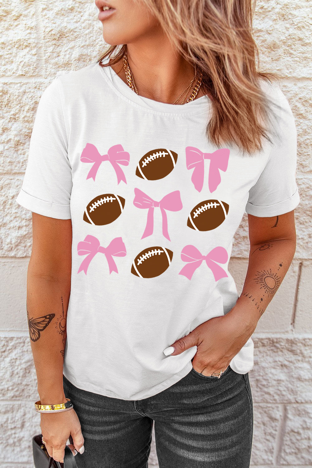 White Bowknot Football Printed Game Day T Shirt