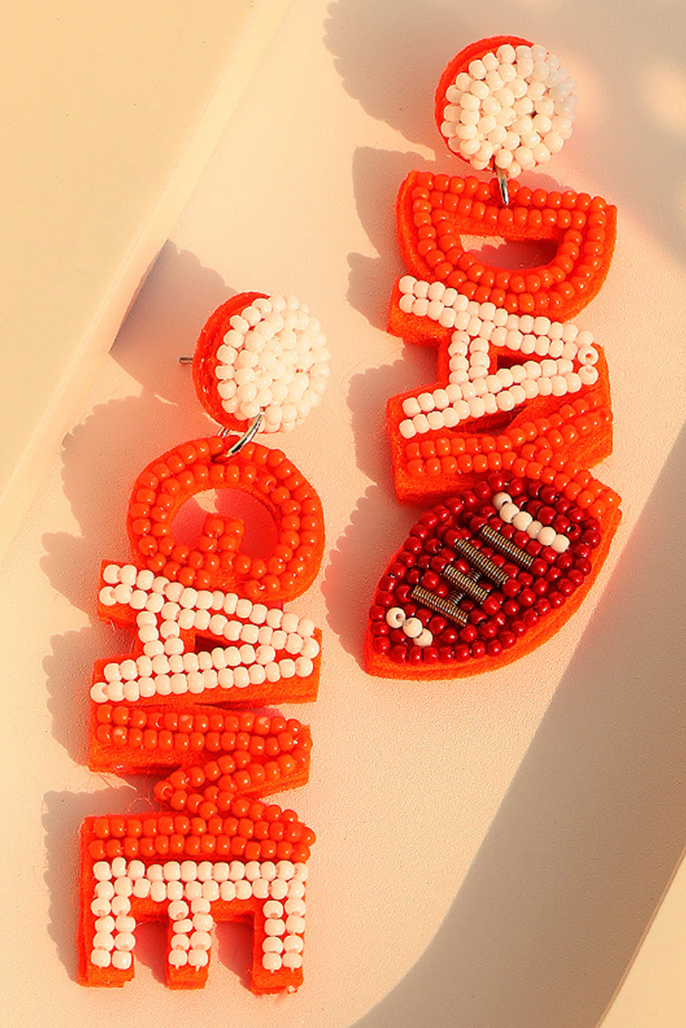 Orange GAME DAY Football Rice Bead Dangle Stud Earrings