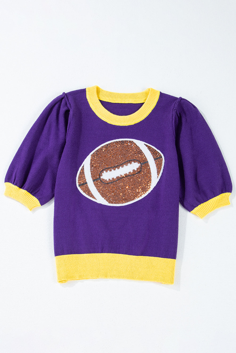 Purple Sequin Football Color Block Puff Short Sleeve Sweater