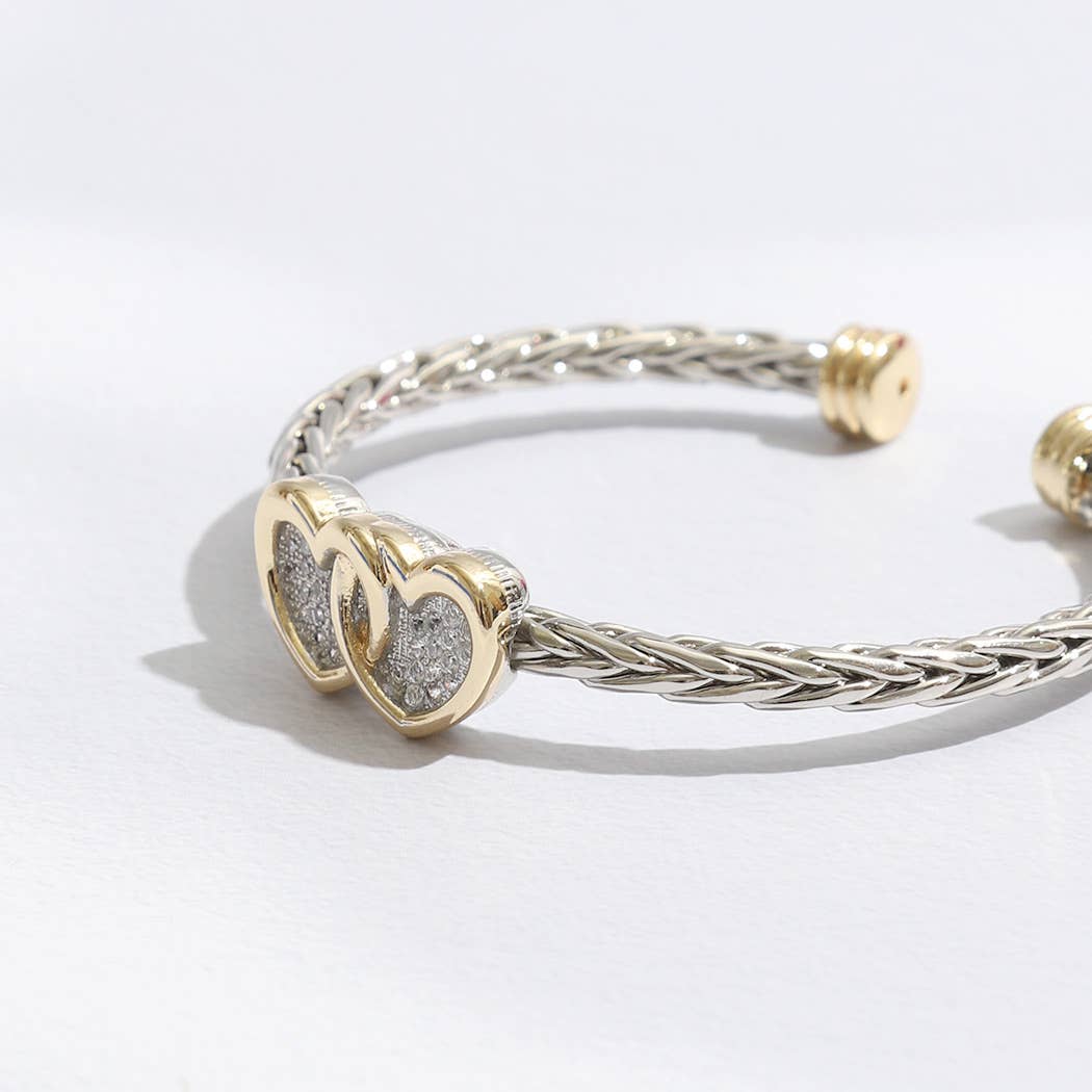 Two Heart Pave Braided Bangle Bracelet