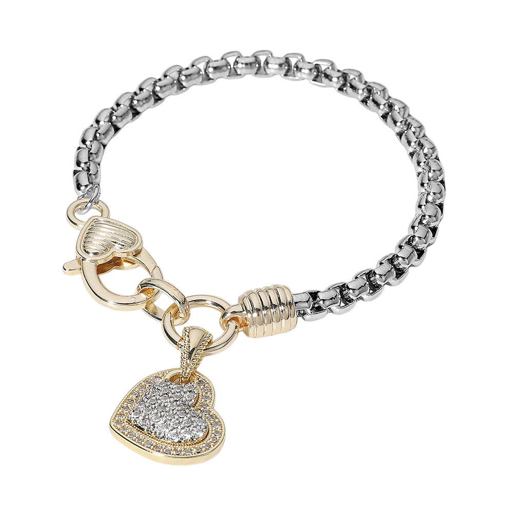 Two Tone 14K Gold Plated Stone Paved Heart Charm Bracelet