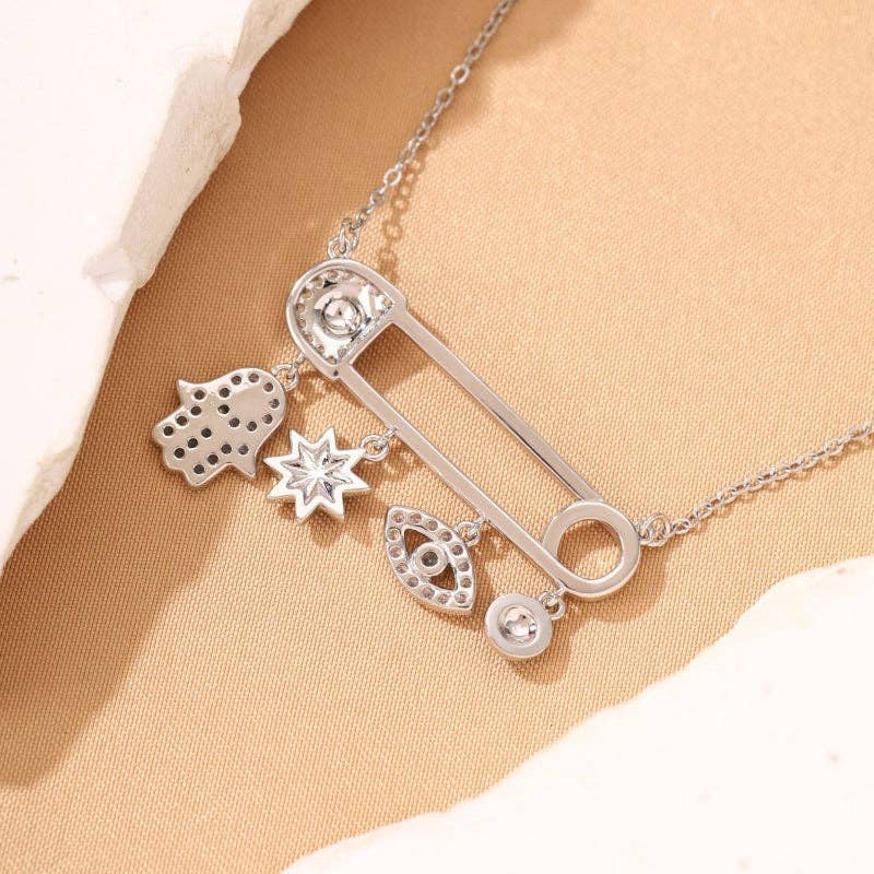 Safety Pin Evil Eye Hamsa Hand Necklace in Solid Copper