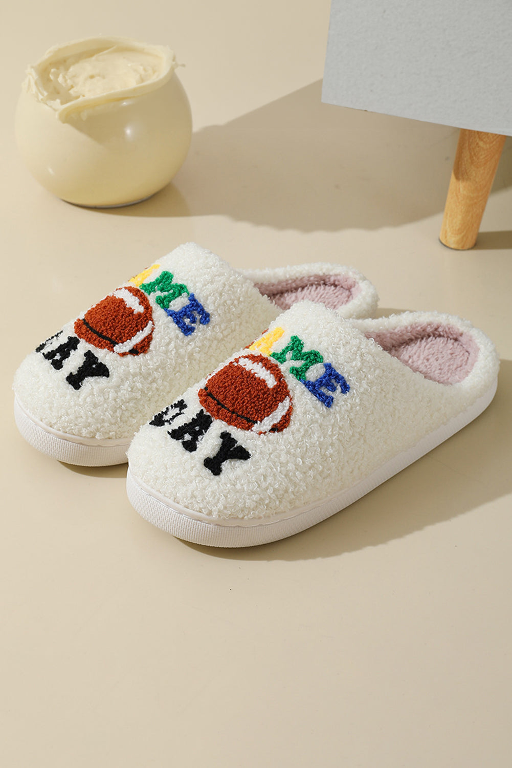 White GAME DAY Football Plush Slippers