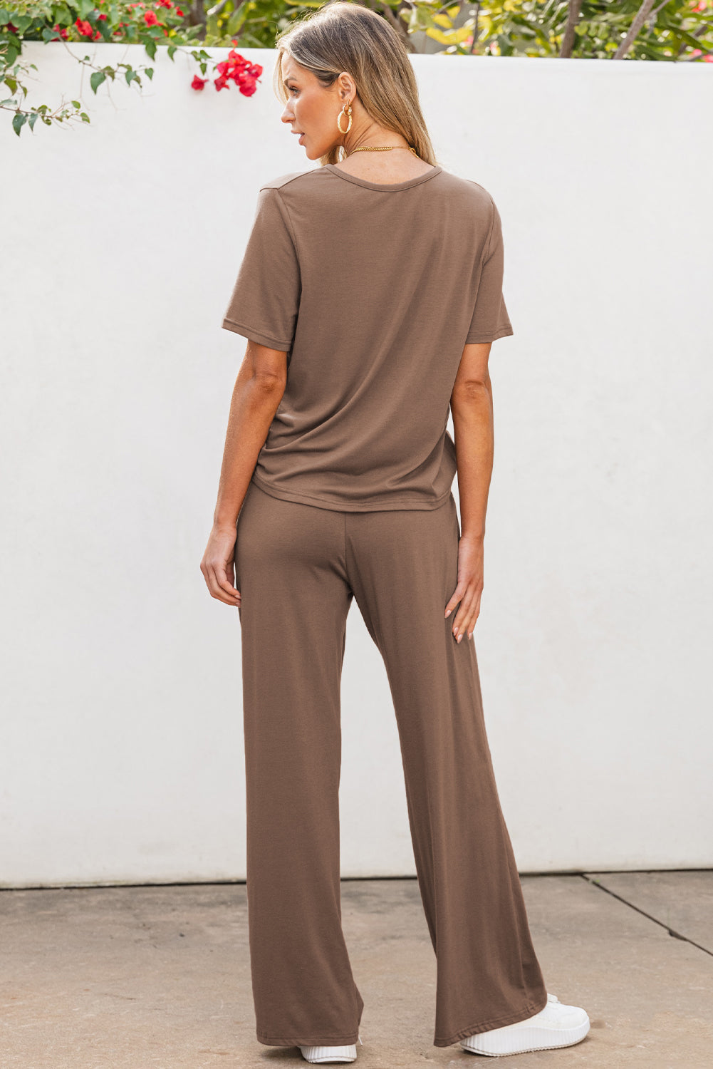 Coffee Brown Solid Color T Shirt 2pcs Wide Leg Pants Set