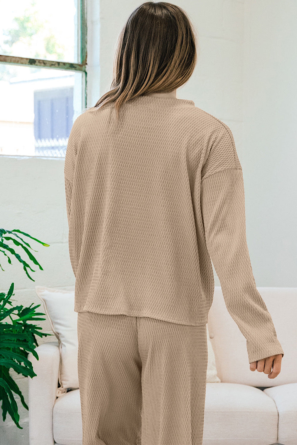 Khaki Waffle Loose Textured Pullover and Pants Outfit