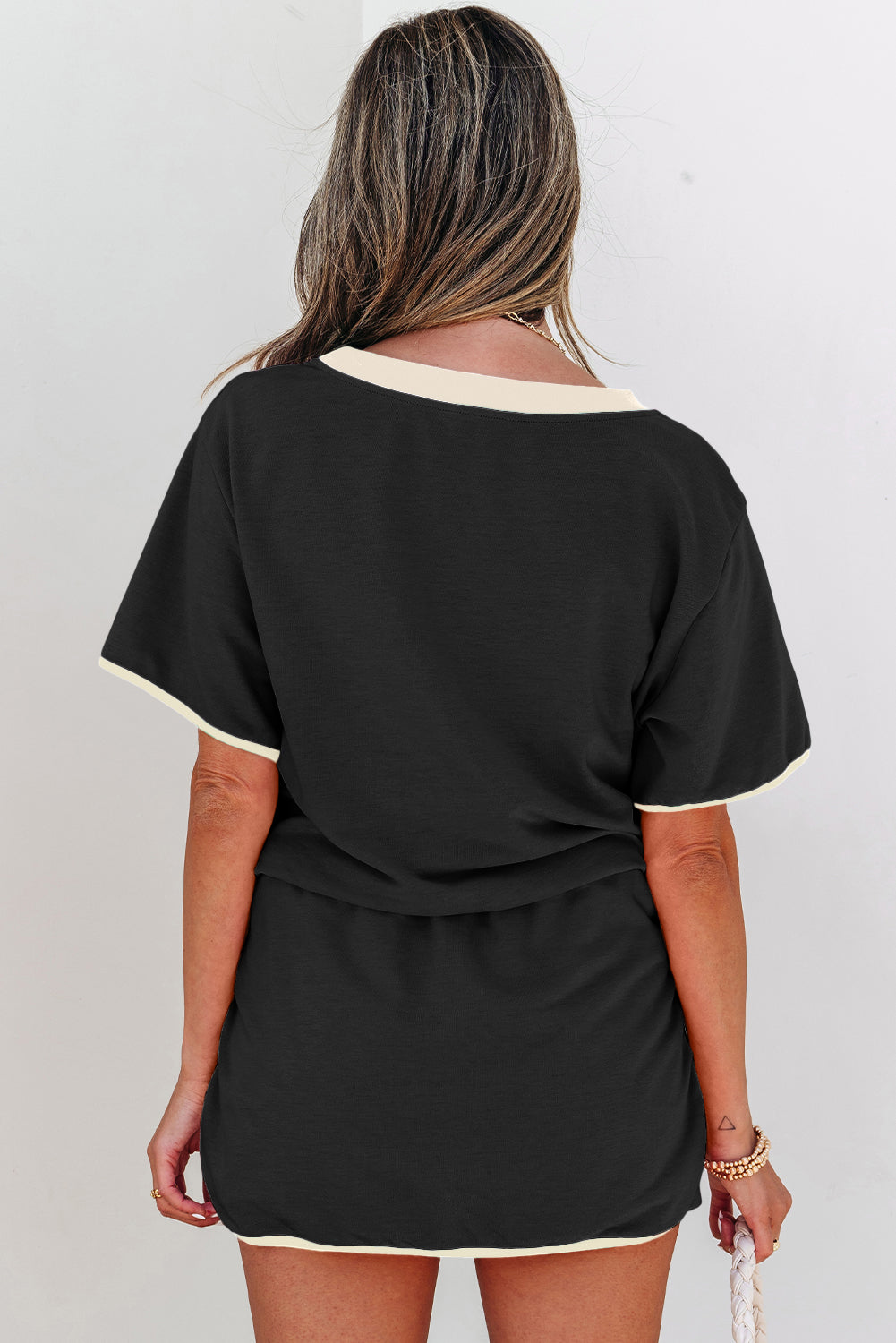 Black Sequin Football Bow Patched Colorblock Edge Tee and Skort Set