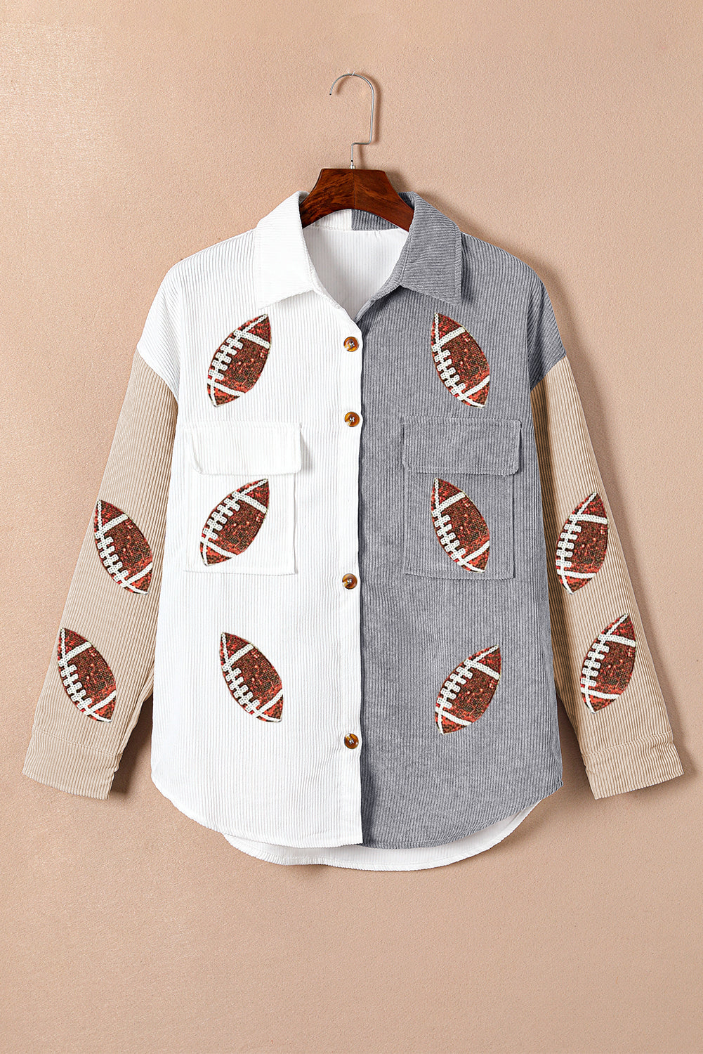 White Sequin Football Graphic Flap Pockets Corduroy Shacket