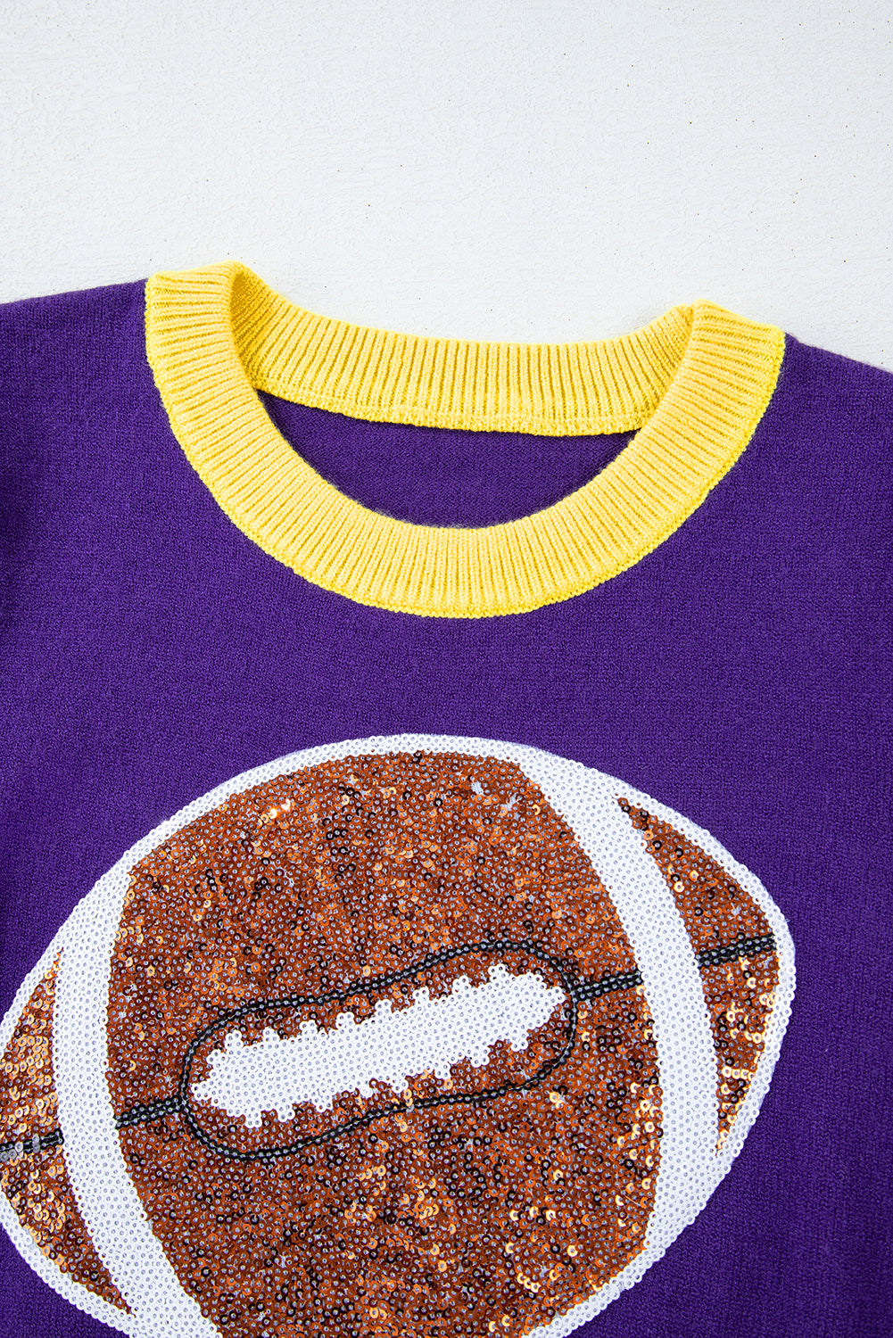 Purple Sequin Football Color Block Puff Short Sleeve Sweater