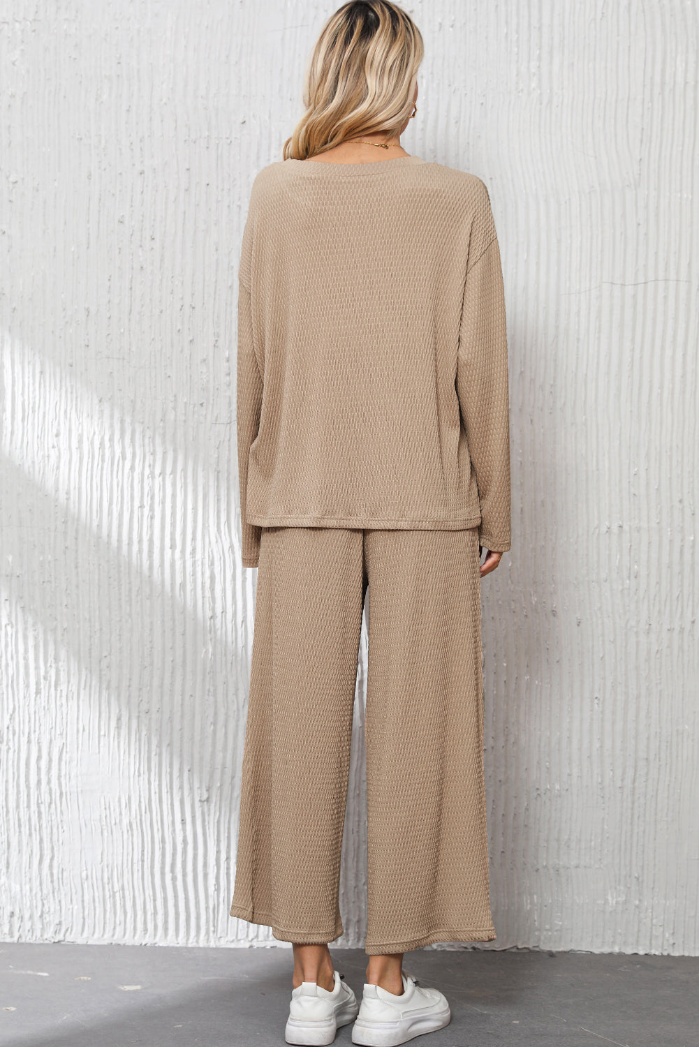 Khaki Waffle Loose Textured Pullover and Pants Outfit