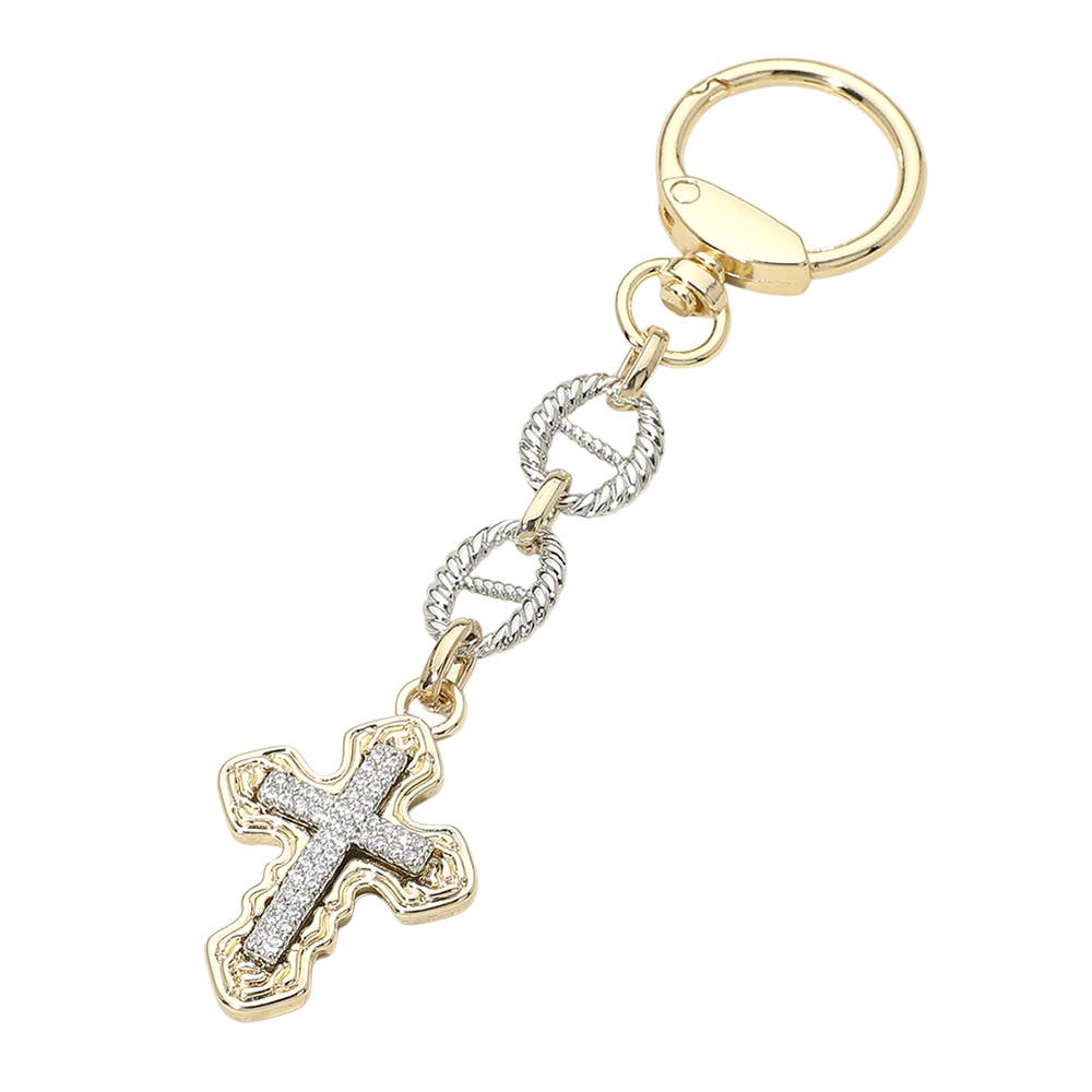 14K Gold Plated Two Tone CZ Pave Cross Drop Bag Charm Keychain