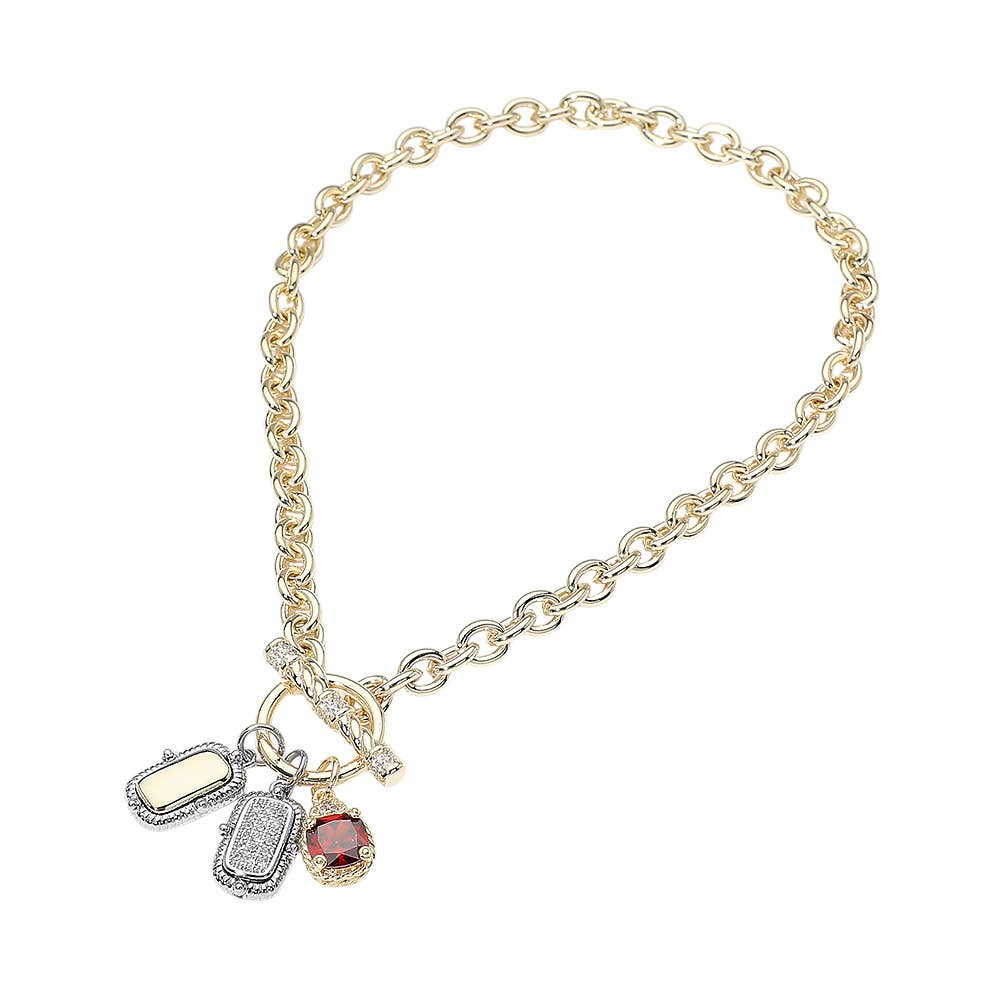 14K Gold Plated Stone Two Tone Bar Charm Pendant Toggle Necklace