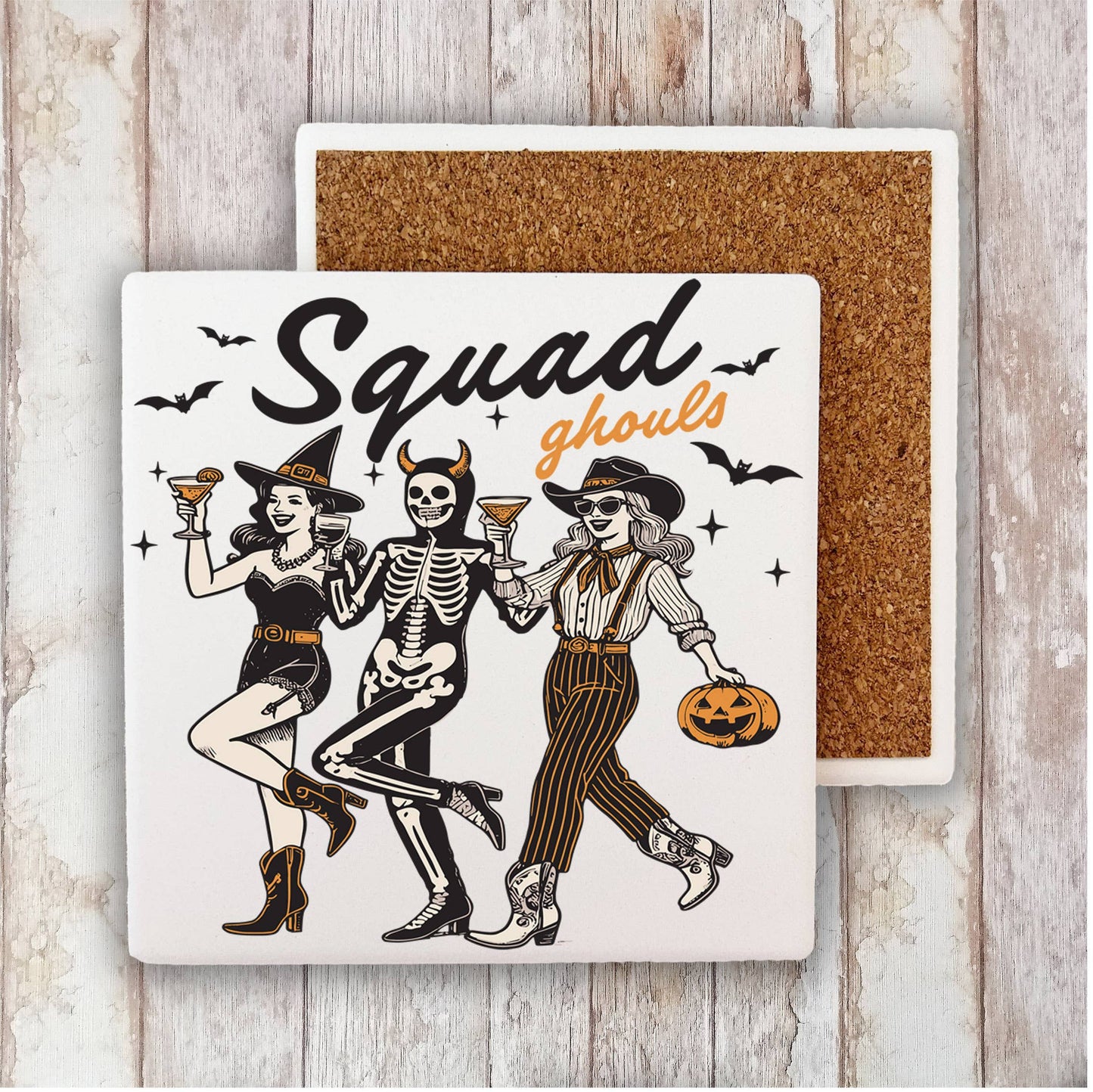 Halloween Retro Squad Ghouls Stone Coasters-Set of 4