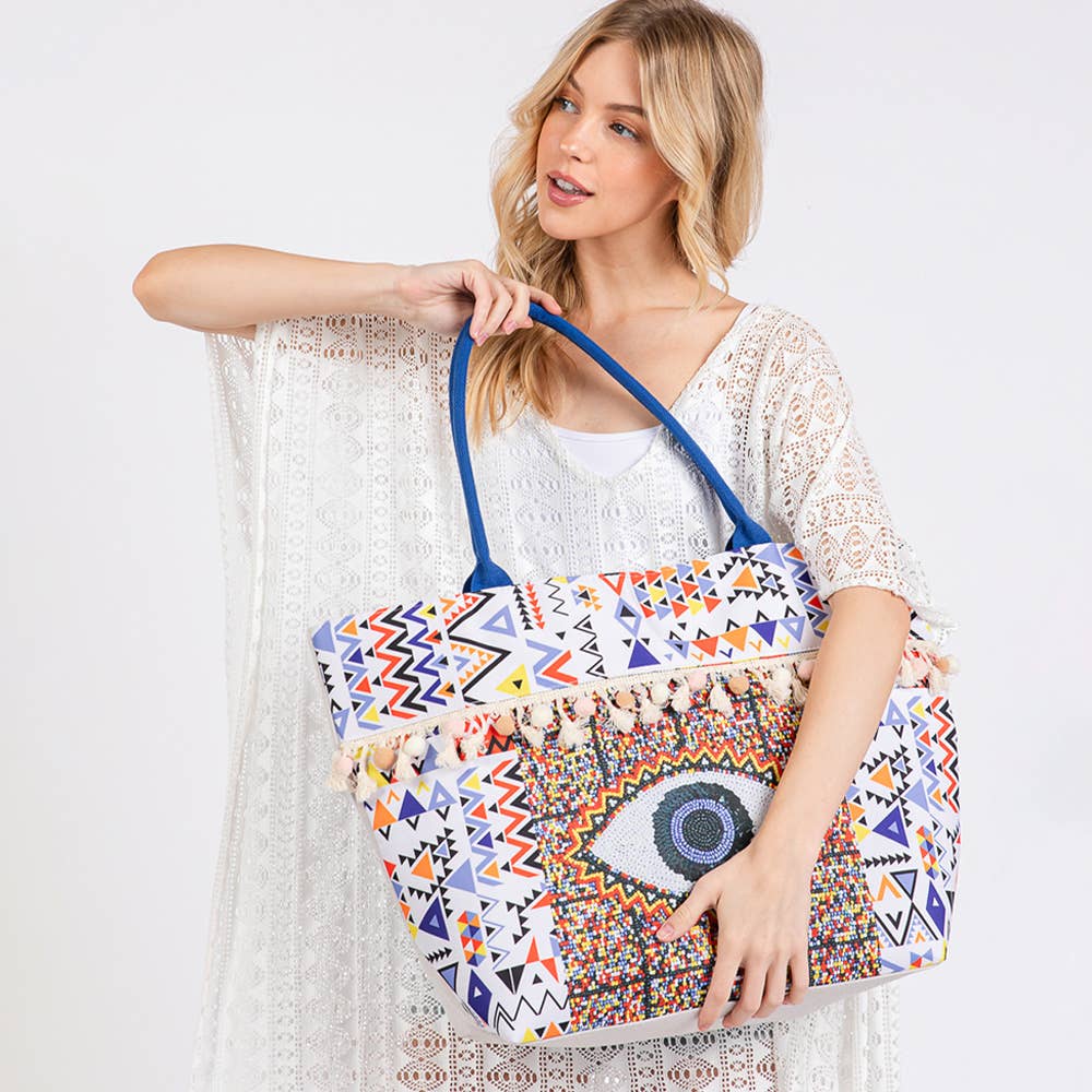 Evil Eye Boho Print Pom Pom fringe Tote Bag
